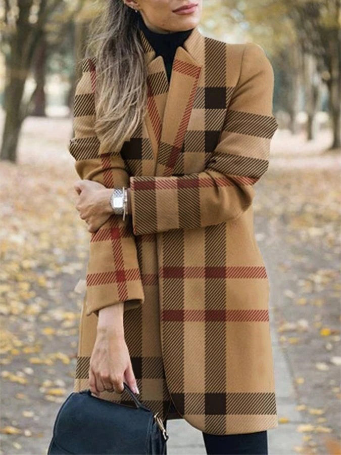 Fall Winter New Style European And American Fashion Printed Stand Collar Woolen Coat Women
