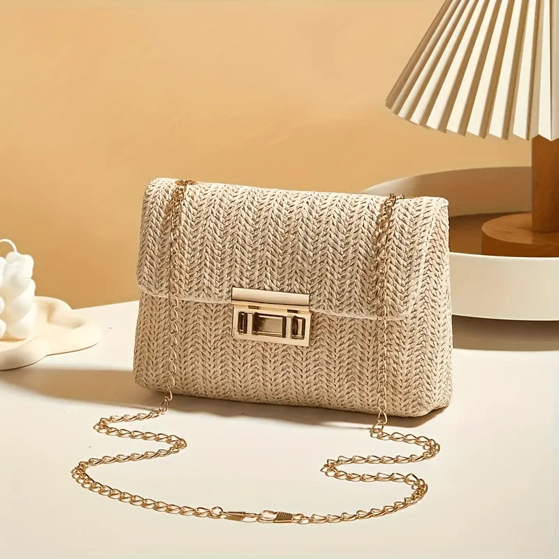 Women's Elegant Woven Straw Shoulder Bag, Multi-Functional Crossbody/Handbag with Polyester Lining Fashion Wallet Cute Small Bag