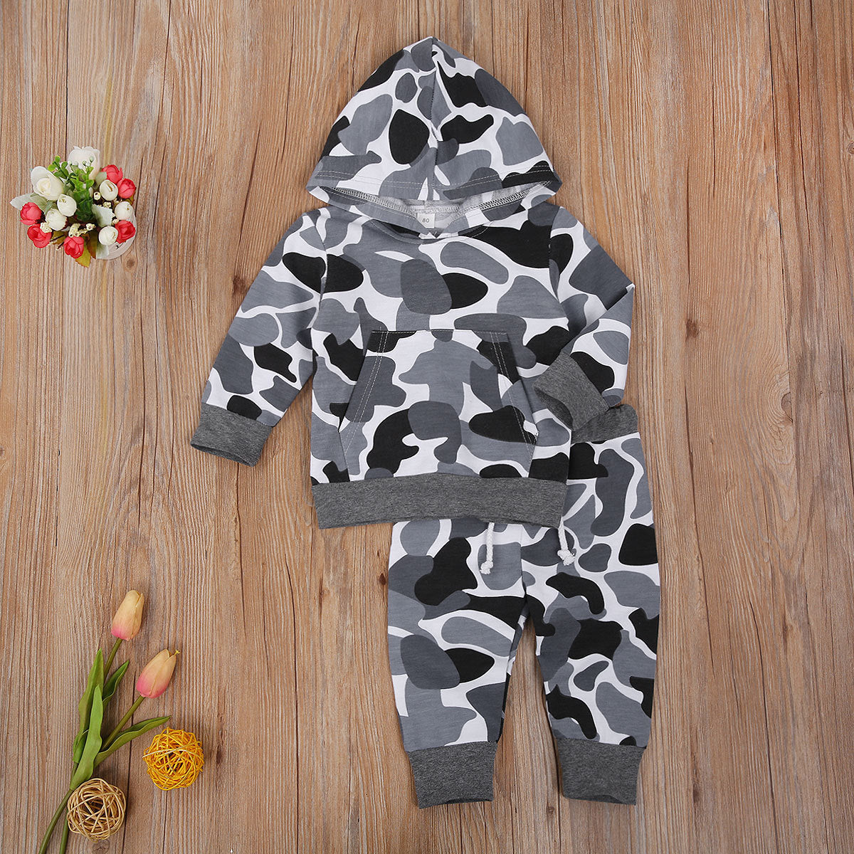 Small And Medium Boys Camouflage Cotton Trousers Long Sleeve Hoodie Two-piece Set Blouse And Pants